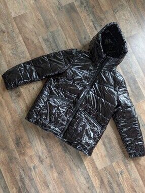 NWT FLAW ATOIR The Podium Jacket L Black High Shine Hooded Puffer Coat